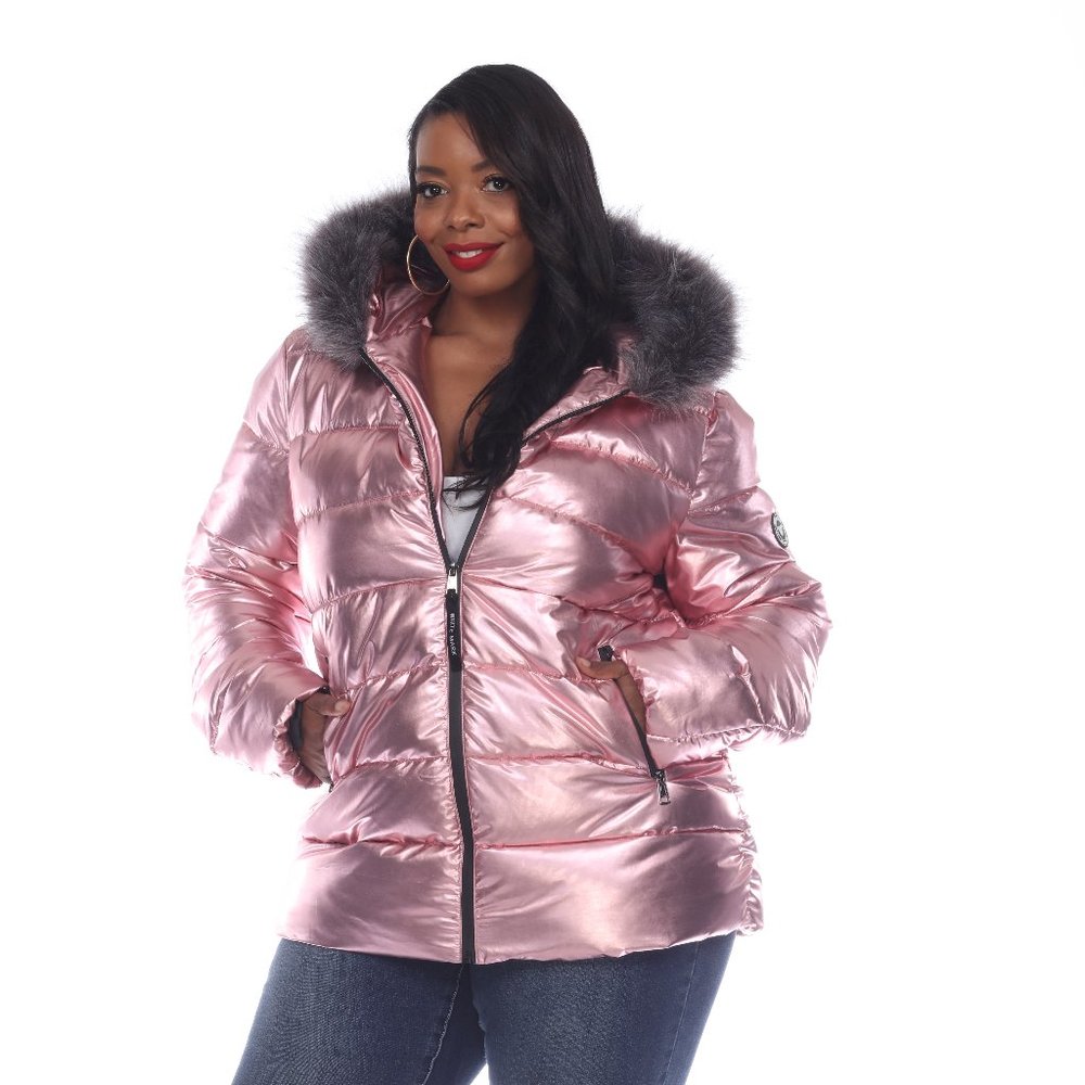 Plus Size Metallic Puffer Coat with Hoodie